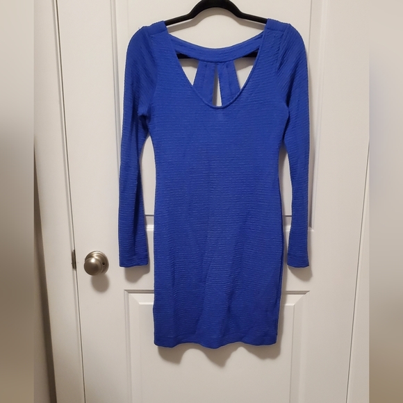 2/$50 blue cowal neck with interesting back fitted knit dress - Picture 7 of 10